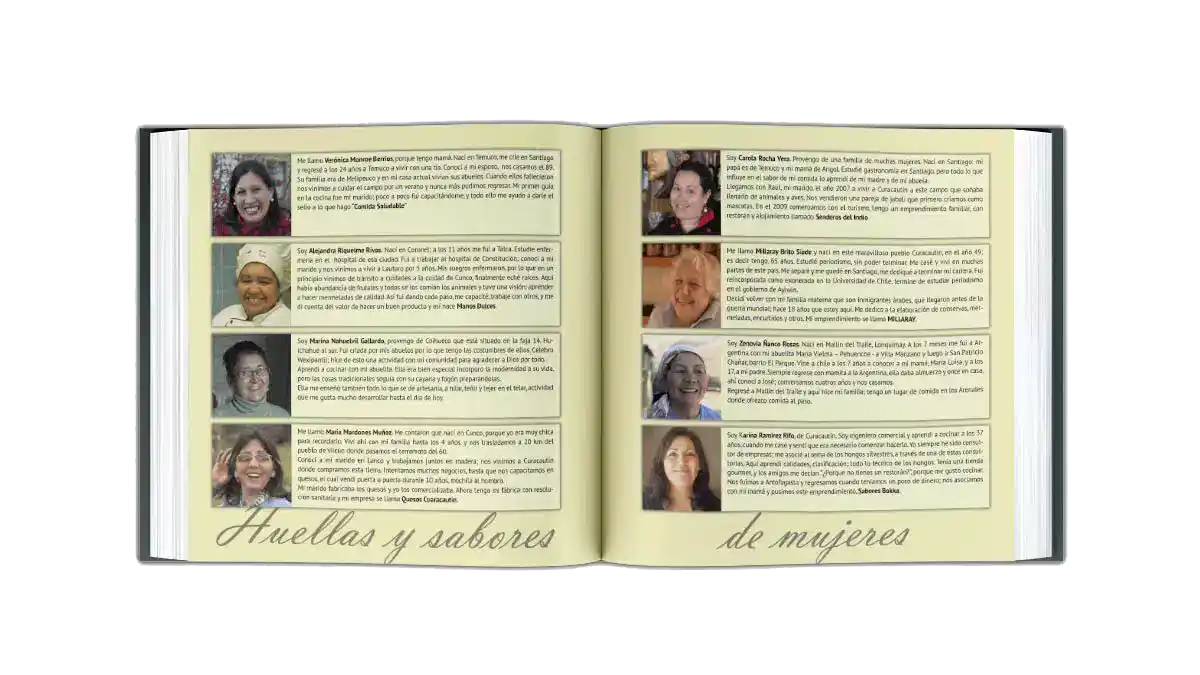 Libro abierto que muestra dos páginas de perfiles de chef.